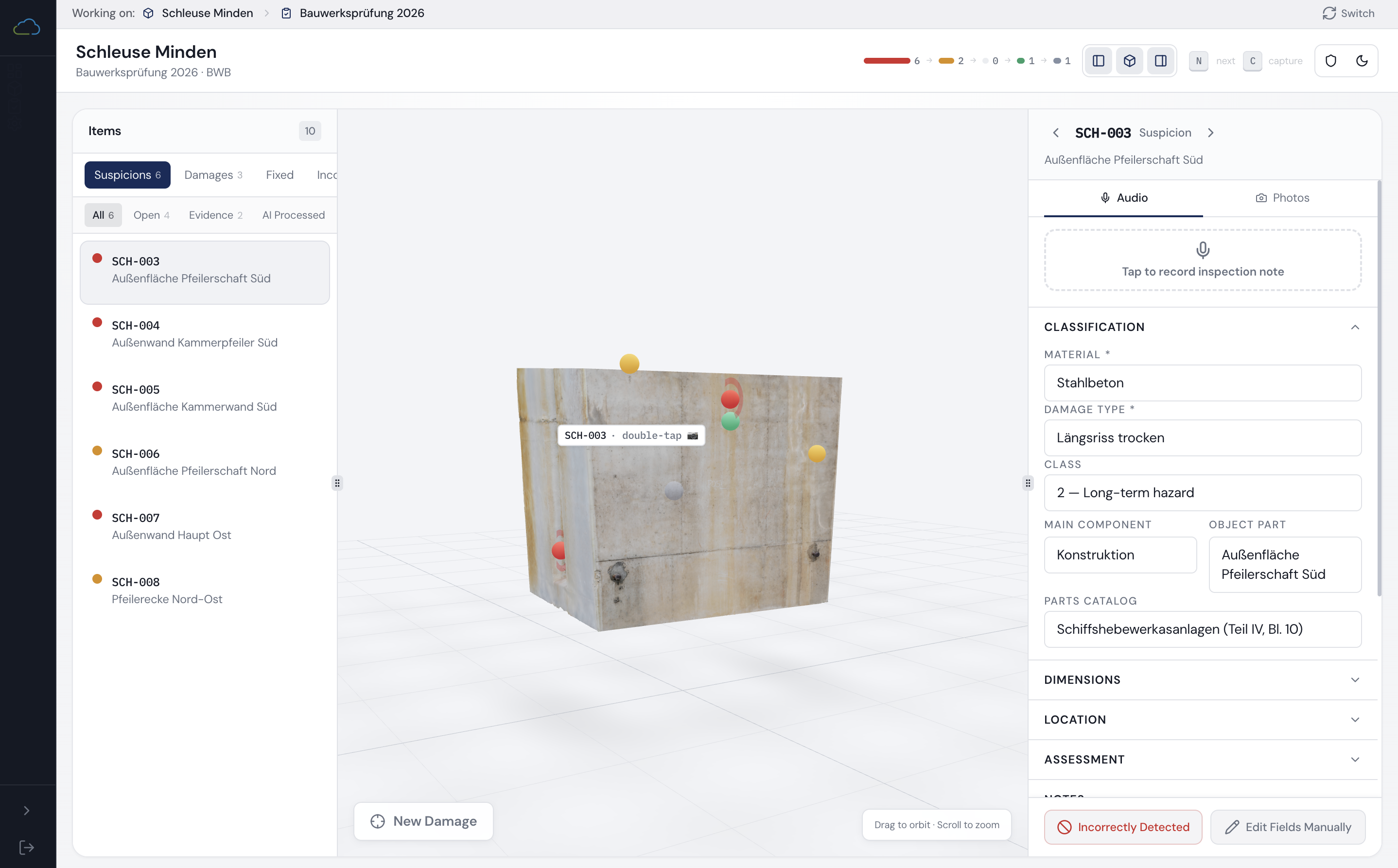 InfraInspect 3D workspace — damage markers and audio capture panel