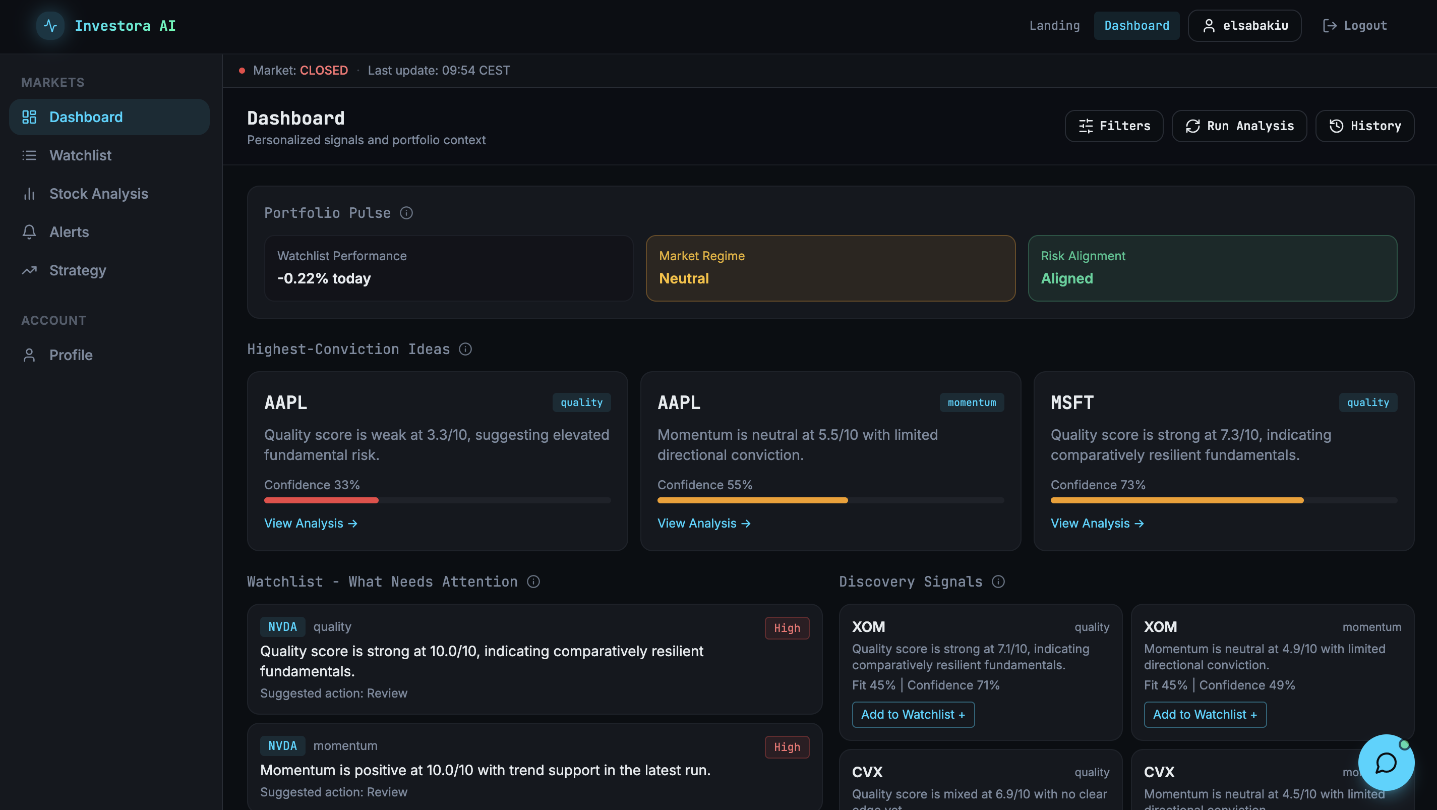 InvestoraAI dashboard — highest-conviction ideas and watchlist signals