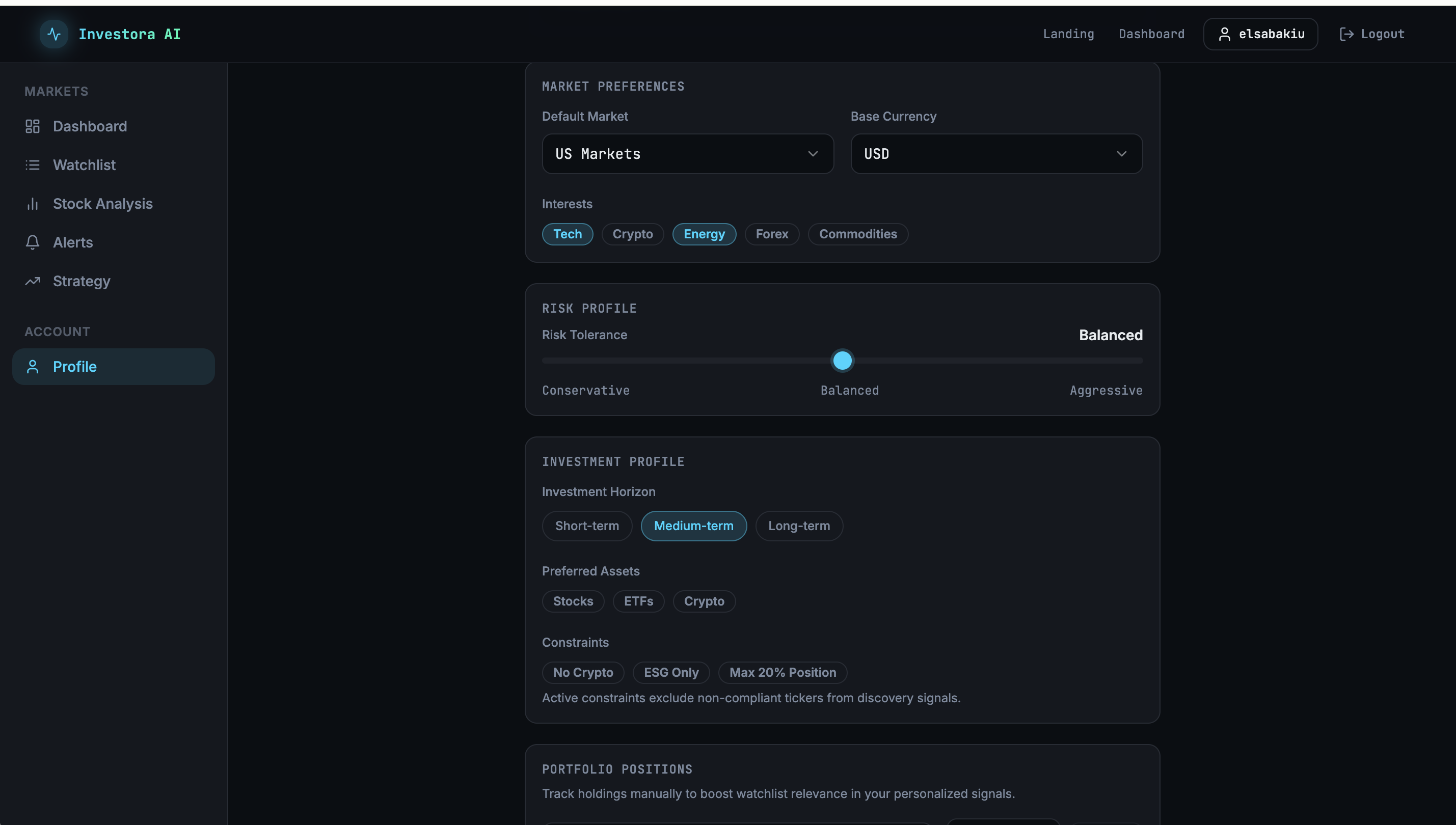InvestoraAI profile — market preferences, risk profile, investment horizon