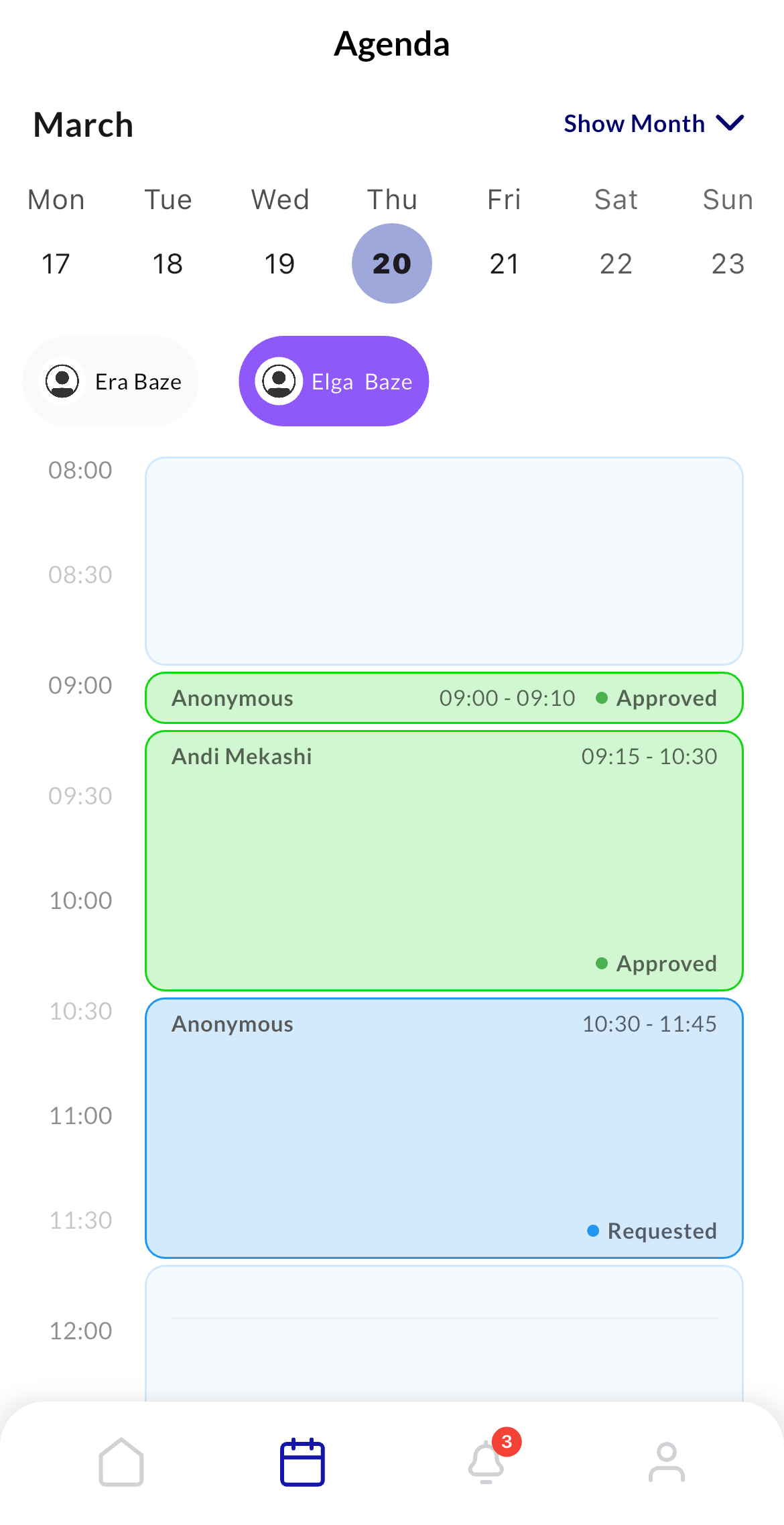 Business app — agenda calendar view